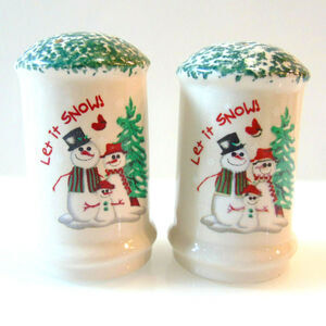 Atika Salt & Pepper Shakers Let It Snow Christmas Holiday China Snowman Cardinal